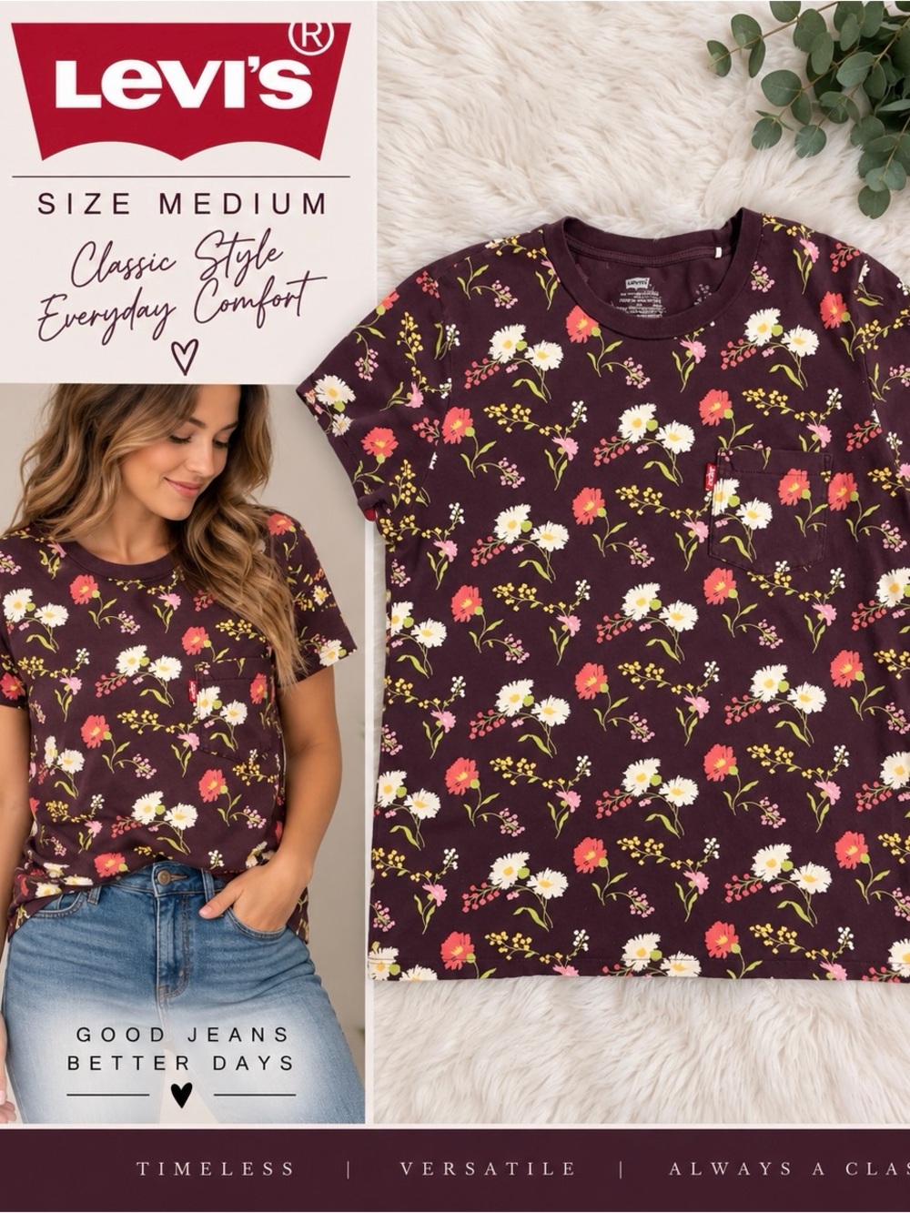 Levi's Plum Floral Pocket Tee with White & Coral Blooms